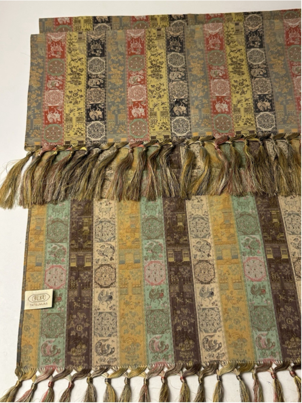 Vintage Tatsumura Japanese Silk Brocade Table Runner Woven Tapestry Fringe Gold